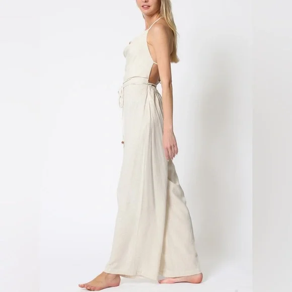 Cowl Tie Back Cream Backless Belted Jumpsuit